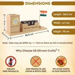 Personalised Beige Wooden Desk Organiser with Clock, Calendar, Pen Stand and Indian Flag