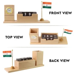 Personalised Beige Wooden Desk Organiser with Clock, Calendar, Pen Stand and Indian Flag