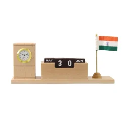 Personalised Beige Wooden Desk Organiser with Clock, Calendar, Pen Stand and Indian Flag