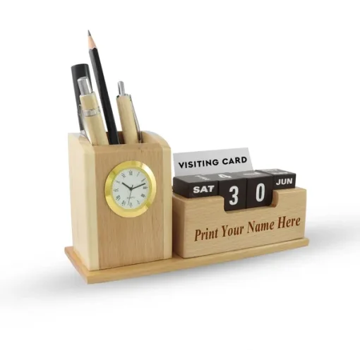 Personalised Beige Wooden Desk Organiser with Clock, Calendar and Pen Stand 4 Personalised Beige Wooden Desk Organiser with Clock, Calendar and Pen Stand