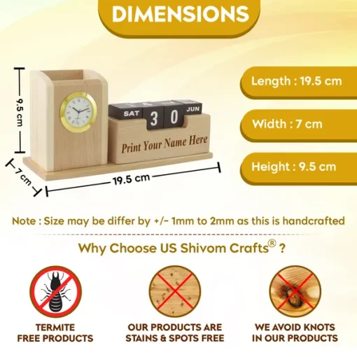 Personalised Beige Wooden Desk Organiser with Clock, Calendar and Pen Stand 9 Personalised Beige Wooden Desk Organiser with Clock, Calendar and Pen Stand
