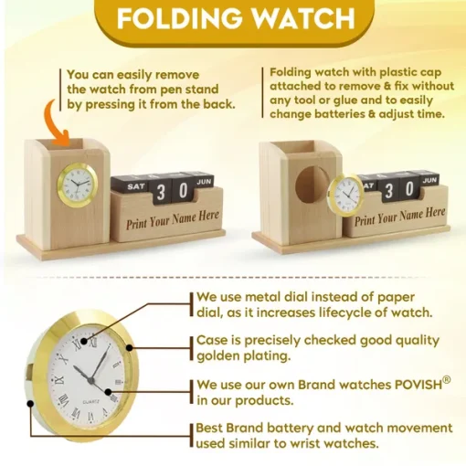 Personalised Beige Wooden Desk Organiser with Clock, Calendar and Pen Stand 5 Personalised Beige Wooden Desk Organiser with Clock, Calendar and Pen Stand