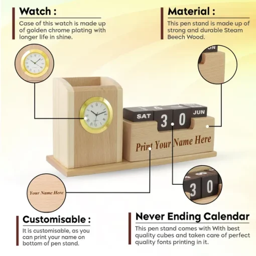 Personalised Beige Wooden Desk Organiser with Clock, Calendar and Pen Stand 6 Personalised Beige Wooden Desk Organiser with Clock, Calendar and Pen Stand