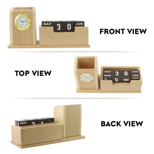 Personalised Beige Wooden Desk Organiser with Clock, Calendar and Pen Stand 7 Personalised Beige Wooden Desk Organiser with Clock, Calendar and Pen Stand
