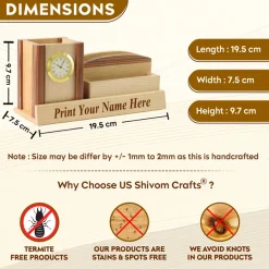 Personalised Beige Wooden Desk Organiser with Mobile stand, Pen Stand, Clock and Card Holder