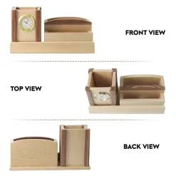 Personalised Beige Wooden Desk Organiser with Mobile stand, Pen Stand, Clock and Card Holder