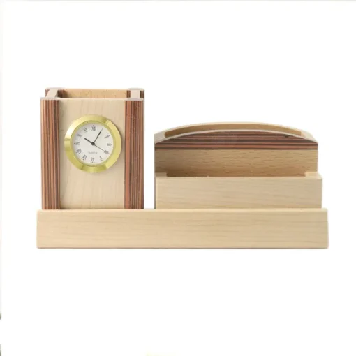 Personalised Beige Wooden Desk Organiser with Mobile stand, Pen Stand, Clock and Card Holder