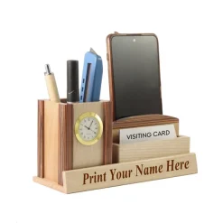 Personalised Beige Wooden Desk Organiser with Mobile stand, Pen Stand, Clock and Card Holder