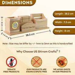 Personalised Beige Wooden Pen Stand, Clock and Visiting Card holder Mobile Stand and Coasters