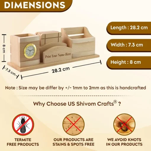 Personalised Beige Wooden Pen Stand, Clock and Visiting Card holder Mobile Stand and Coasters