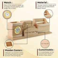 Personalised Beige Wooden Pen Stand, Clock and Visiting Card holder Mobile Stand and Coasters