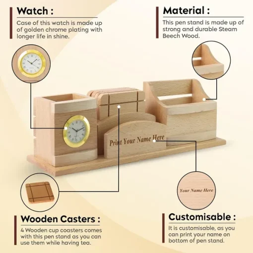 Personalised Beige Wooden Pen Stand, Clock and Visiting Card holder Mobile Stand and Coasters