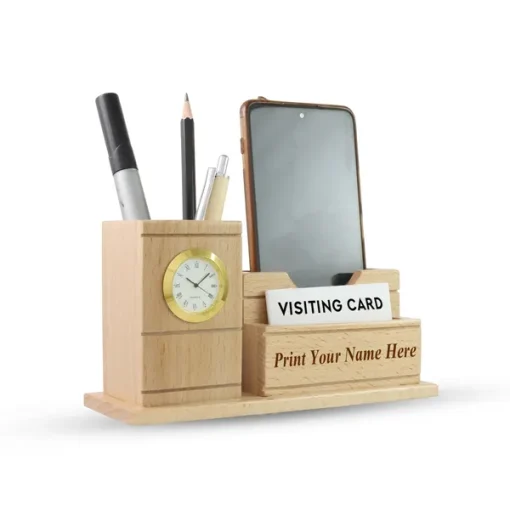 Personalised Beige Wooden desk Organiser with Mobile stand, Pen Stand, Clock and Visiting Card holder
