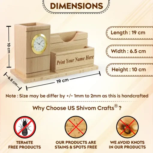 Personalised Beige Wooden desk Organiser with Mobile stand, Pen Stand, Clock and Visiting Card holder