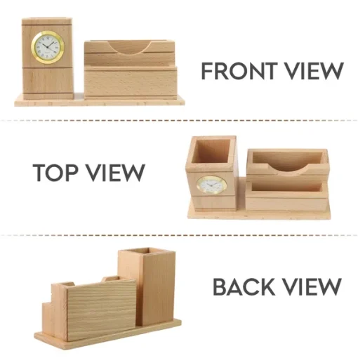 Personalised Beige Wooden desk Organiser with Mobile stand, Pen Stand, Clock and Visiting Card holder