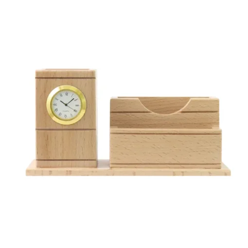 Personalised Beige Wooden desk Organiser with Mobile stand, Pen Stand, Clock and Visiting Card holder