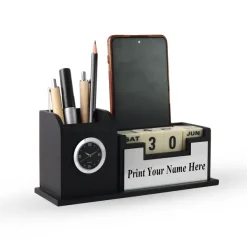 Personalised Black with Printed Name Plate with Calendar, Mobile stand, Pen Stand and Clock (Silver)