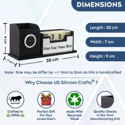 Personalised Black with Printed Name Plate with Calendar, Mobile stand, Pen Stand and Clock (Silver)