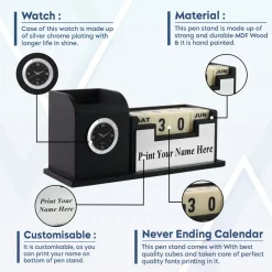 Personalised Black with Printed Name Plate with Calendar, Mobile stand, Pen Stand and Clock (Silver)