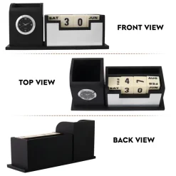 Personalised Black with Printed Name Plate with Calendar, Mobile stand, Pen Stand and Clock (Silver)