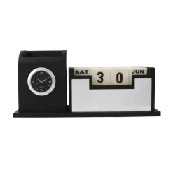 Personalised Black with Printed Name Plate with Calendar, Mobile stand, Pen Stand and Clock (Silver)