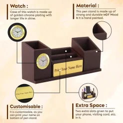 Personalised Brown Wooden Organiser Pen Stand, Clock and Visiting Card holder Mobile Stand