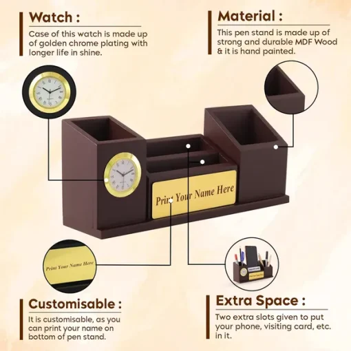 Personalised Brown Wooden Organiser Pen Stand, Clock and Visiting Card holder Mobile Stand