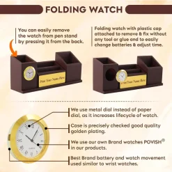 Personalised Brown Wooden Organiser Pen Stand, Clock and Visiting Card holder Mobile Stand