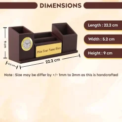 Personalised Brown Wooden Organiser Pen Stand, Clock and Visiting Card holder Mobile Stand