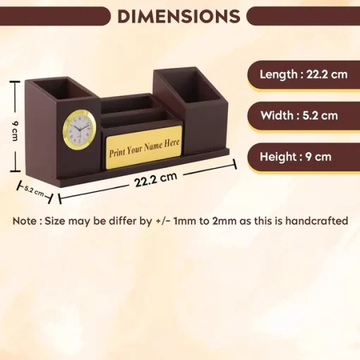 Personalised Brown Wooden Organiser Pen Stand, Clock and Visiting Card holder Mobile Stand