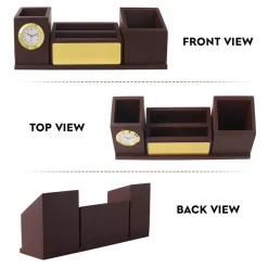 Personalised Brown Wooden Organiser Pen Stand, Clock and Visiting Card holder Mobile Stand