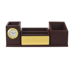 Personalised Brown Wooden Organiser Pen Stand, Clock and Visiting Card holder Mobile Stand