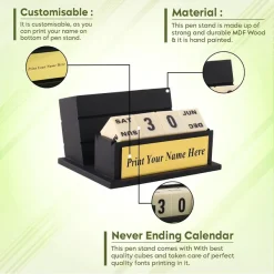 Personalised Matt Black Name Plate with Calendar, Mobile Stand and Pen Stand