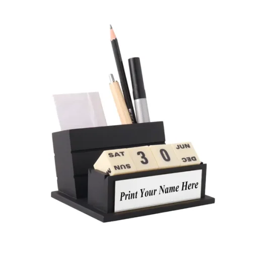 Personalised Matt Black Wooden Desk Organiser with Name Plate, Calendar, Card Mobile Stand (Silver)