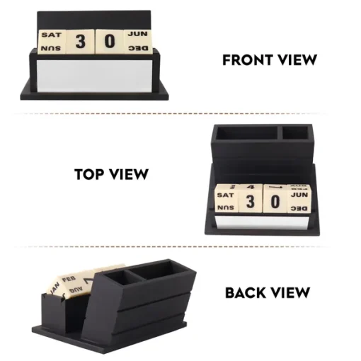 Personalised Matt Black Wooden Desk Organiser with Name Plate, Calendar, Card Mobile Stand (Silver)