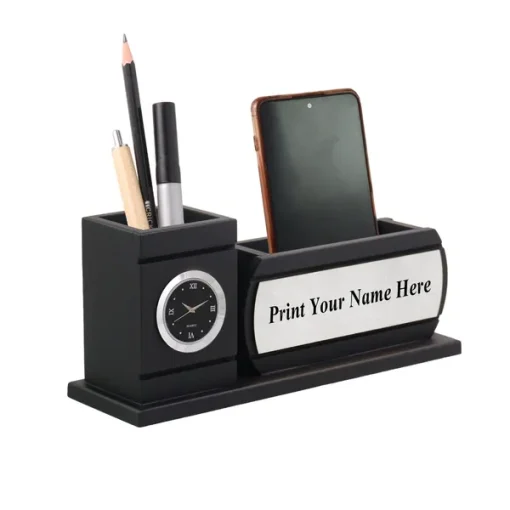 Personalised Matt Black Wooden Desk Organiser with Name Plate, Mobile Stand, Pen Stand and Clock
