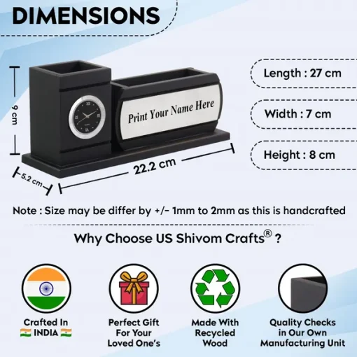 Personalised Matt Black Wooden Desk Organiser with Name Plate, Mobile Stand, Pen Stand and Clock