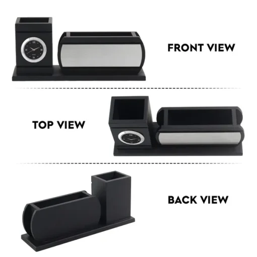 Personalised Matt Black Wooden Desk Organiser with Name Plate, Mobile Stand, Pen Stand and Clock