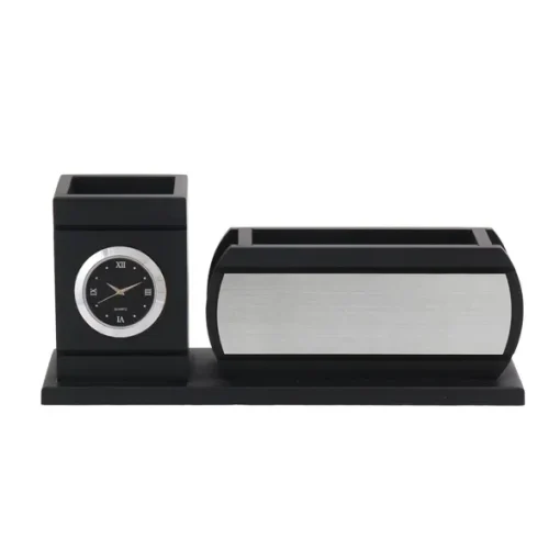Personalised Matt Black Wooden Desk Organiser with Name Plate, Mobile Stand, Pen Stand and Clock