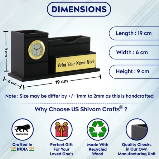 Personalised Matt Black Wooden Desk Organiser with Name Plate, Mobile stand, Pen Stand, Clock and Card Holder