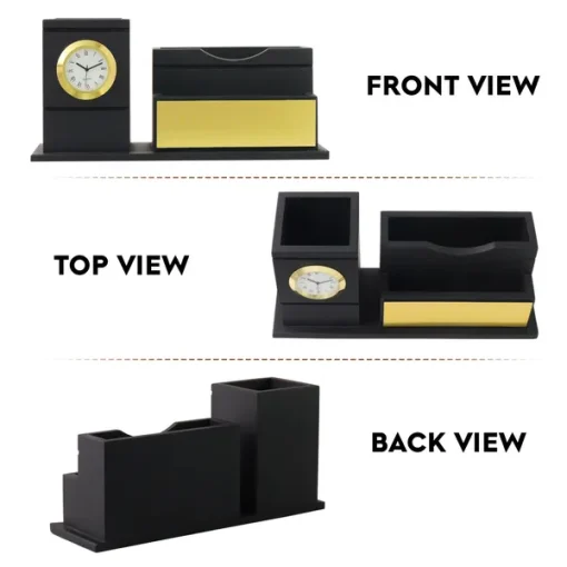 Personalised Matt Black Wooden Desk Organiser with Name Plate, Mobile stand, Pen Stand, Clock and Card Holder