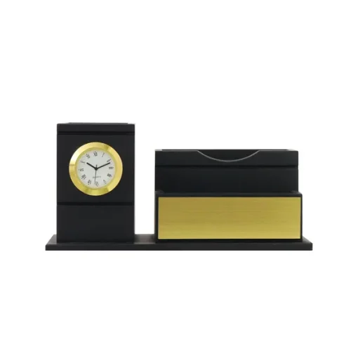 Personalised Matt Black Wooden Desk Organiser with Name Plate, Mobile stand, Pen Stand, Clock and Card Holder