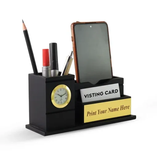 Personalised Matt Black Wooden Desk Organiser with Name Plate, Mobile stand, Pen Stand, Clock and Card Holder