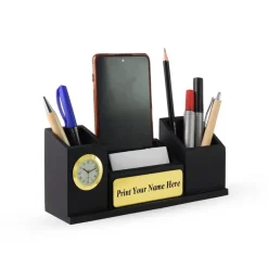 Personalised Matt Black Wooden Desk Organiser with Name Plate, Mobile stand, Pen Stand, Clock and Card Holder (Golden)