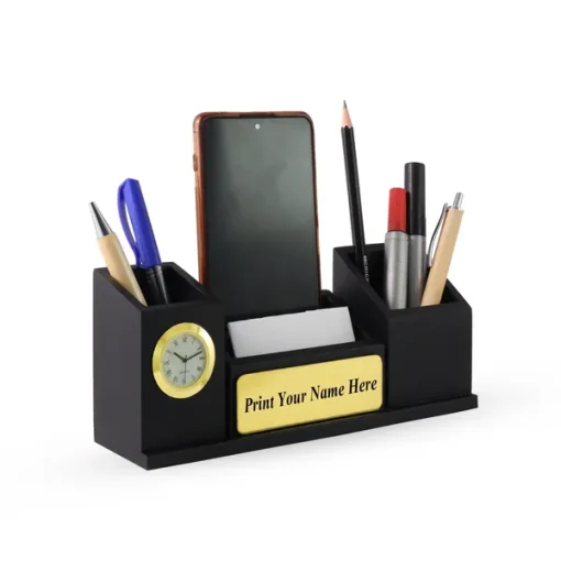 Personalised Matt Black Wooden Desk Organiser with Name Plate, Mobile stand, Pen Stand, Clock and Card Holder (Golden)