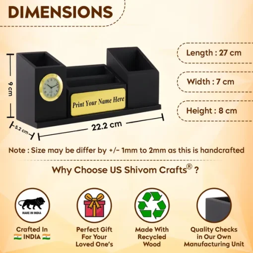 Personalised Matt Black Wooden Desk Organiser with Name Plate, Mobile stand, Pen Stand, Clock and Card Holder (Golden) 5 Personalised Matt Black Wooden Desk Organiser with Name Plate, Mobile stand, Pen Stand, Clock and Card Holder (Golden)