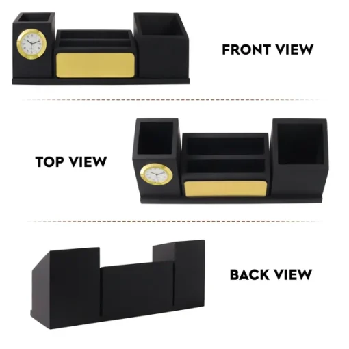 Personalised Matt Black Wooden Desk Organiser with Name Plate, Mobile stand, Pen Stand, Clock and Card Holder (Golden) 9 Personalised Matt Black Wooden Desk Organiser with Name Plate, Mobile stand, Pen Stand, Clock and Card Holder (Golden)