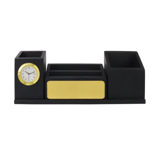 Personalised Matt Black Wooden Desk Organiser with Name Plate, Mobile stand, Pen Stand, Clock and Card Holder (Golden) 8 Personalised Matt Black Wooden Desk Organiser with Name Plate, Mobile stand, Pen Stand, Clock and Card Holder (Golden)