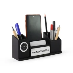 Personalised Matt Black Wooden Desk Organiser with Name Plate, Mobile stand, Pen Stand, Clock and Card Holder (Silver)