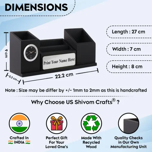 Personalised Matt Black Wooden Desk Organiser with Name Plate, Mobile stand, Pen Stand, Clock and Card Holder (Silver)